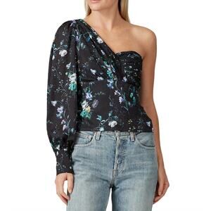 Flor et.al Top Womens Small Black Blue Knick Floral One Shoulder Crop Blouse
